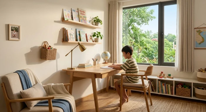 Không gian phòng ngủ và góc học tập thiết kế chuẩn phong thủy giúp phụ huynh biết tuổi đinh dậu 2017 hợp hướng nào nhất