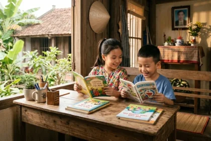 Hai em bé Việt Nam đang ngồi học bài trong không gian ấm cúng giúp giải đáp đinh dậu 2017 hợp tuổi nào cho trẻ