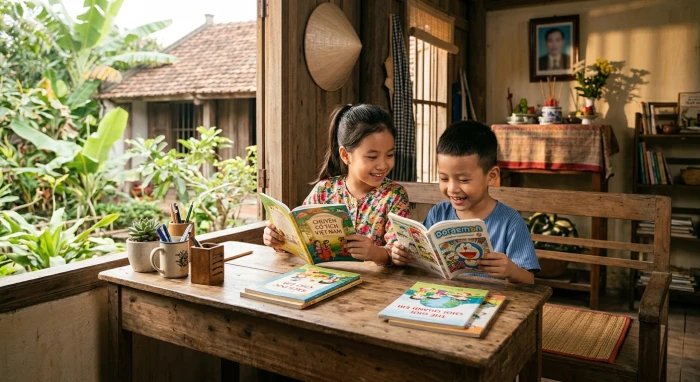 Hai em bé Việt Nam đang ngồi học bài trong không gian ấm cúng giúp giải đáp đinh dậu 2017 hợp tuổi nào cho trẻ