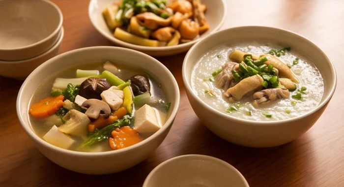 Bữa ăn dinh dưỡng với các món cháo và súp mềm nóng hổi được chia nhỏ khẩu phần cho người tuổi Bính Tuất