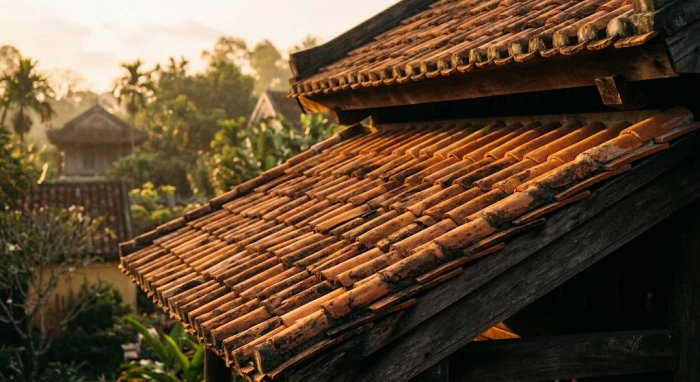 Không gian kiến trúc phong thủy giải đáp đinh hợi 1947 mệnh gì với ngói âm dương và tông màu đỏ ấm áp