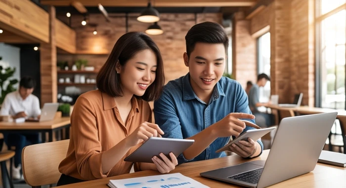 Nhóm nhân sự trẻ tuổi Đinh Hợi làm việc trực tuyến cùng đối tác mệnh Hỏa trong không gian văn phòng sáng tạo