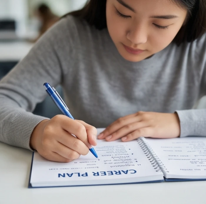 Học sinh cẩn thận phân tích các lựa chọn ngành nghề trên sổ tay lập kế hoạch cá nhân
