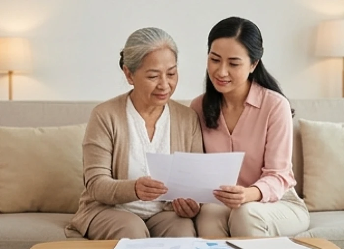 Người mẹ lớn tuổi ngồi cùng con gái thảo luận về các tài liệu định hướng công việc trong không gian phòng khách