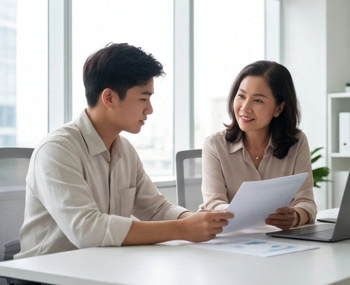 Chàng trai Gen Z nghiêm túc làm việc cùng người hướng dẫn kinh nghiệm để giữ vững cam kết định hướng sự nghiệp