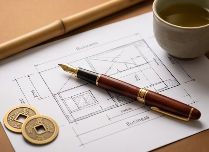 Một chiếc bút máy đè lên bản phác thảo kế hoạch kinh doanh cùng với đồng tiền cổ tượng trưng tài lộc