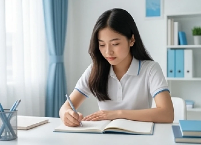 Nữ sinh viên tập trung ghi chép kế hoạch học tập tại không gian yên tĩnh với tông màu xanh dương chủ đạo
