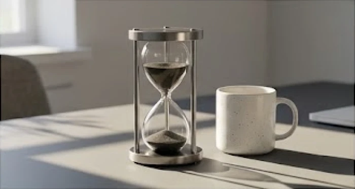 Cốc cà phê sứ đặt cạnh một chiếc đồng hồ cát bằng kim loại trên bàn làm việc