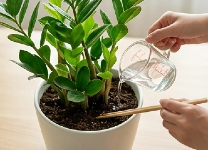 Đong lượng nước tiêu chuẩn và dùng đũa tre kiểm tra độ khô của đất trồng chậu cây Kim Tiền trong phòng lạnh