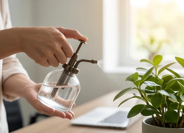 Người chăm sóc dùng bình xịt định lượng tưới đúng 50 đến 100 ml nước cho chậu cây mini để bàn làm việc