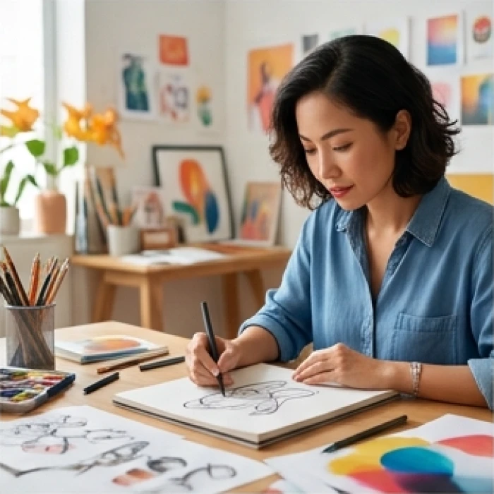 Nhà thiết kế tuổi Đinh Mão 1987 tràn đầy cảm hứng đang say sưa phác thảo ý tưởng sáng tạo trong xưởng làm việc nghệ thuật