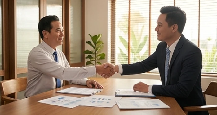 Hai đối tác kinh doanh đang bắt tay nhau sau khi ký kết hợp đồng trên bàn làm việc