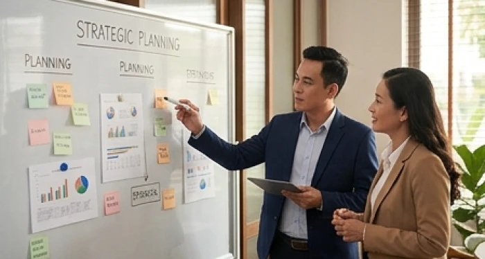 Hai người đang cùng nhau thảo luận kế hoạch kinh doanh trên bảng chiến lược
