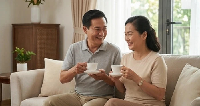Hai vợ chồng trung niên đang vui vẻ uống trà trong không gian phòng khách ấm cúng