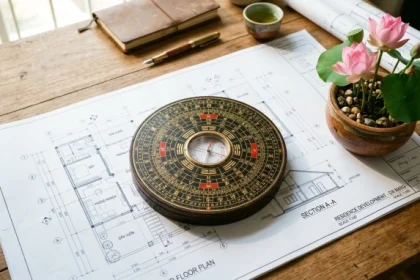Bản vẽ thiết kế nhà và la bàn phong thủy giúp giải đáp đinh sửu 1997 hợp hướng nào nhằm thu hút tài lộc