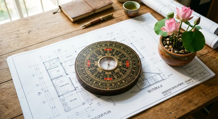 Bản vẽ thiết kế nhà và la bàn phong thủy giúp giải đáp đinh sửu 1997 hợp hướng nào nhằm thu hút tài lộc