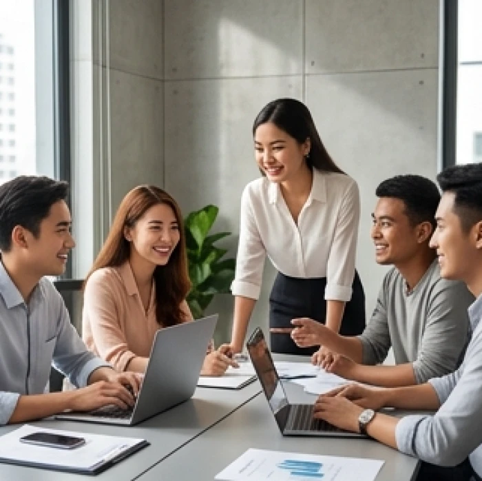 Nhóm bạn trẻ tuổi Đinh Sửu hợp tác làm việc hiệu quả trong văn phòng sáng tạo có trang trí chi tiết kim loại