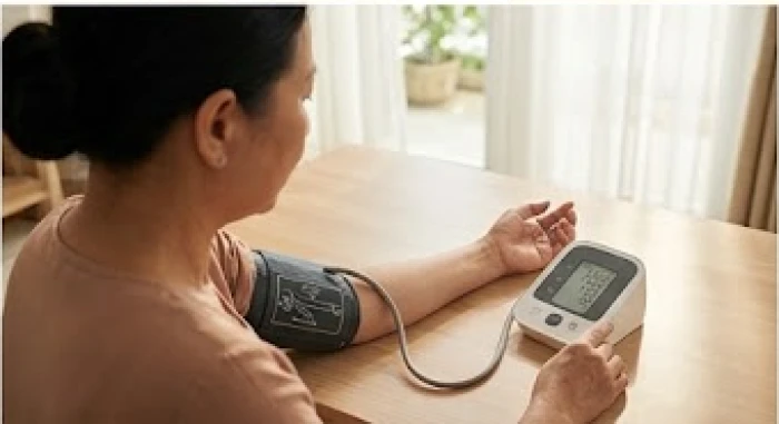 Nữ mạng sinh năm 1978 kiểm tra chỉ số huyết áp định kỳ tại nhà để tầm soát rủi ro tim mạch khi gặp hạn Huỳnh Tuyền