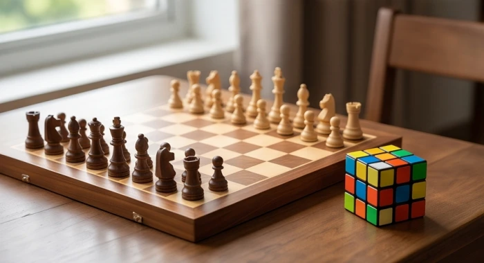 Khối rubik và bàn cờ vua bằng gỗ được sắp xếp gọn gàng trên bàn để kích thích tư duy phân tích của trẻ