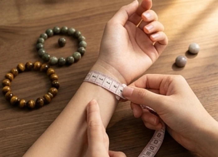 Thao tác dùng thước dây mềm đo chu vi cổ tay và các kích cỡ ly hạt đá phong thủy đặt kế bên