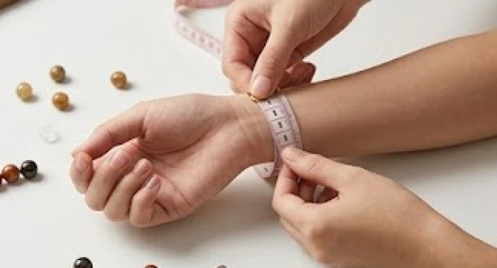 Sử dụng thước dây mềm quấn quanh cổ tay để xác định chính xác chu vi trước khi chọn size hạt vòng