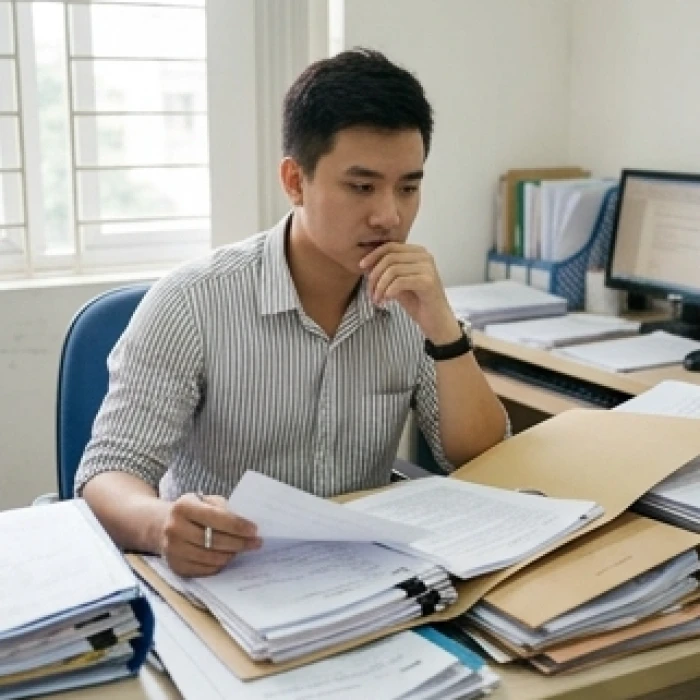 Nhân viên văn phòng đắn đo suy nghĩ trước nhiều hồ sơ vì tính cách tuổi mùi dễ do dự