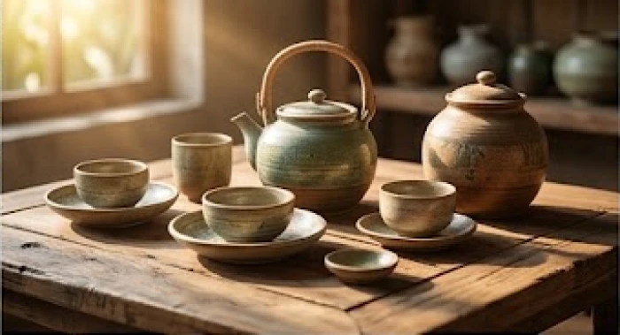 Đồ gốm sứ thủ công tinh xảo đặt trên bàn gỗ mộc dưới ánh nắng tự nhiên thể hiện sự điềm đạm kiên định