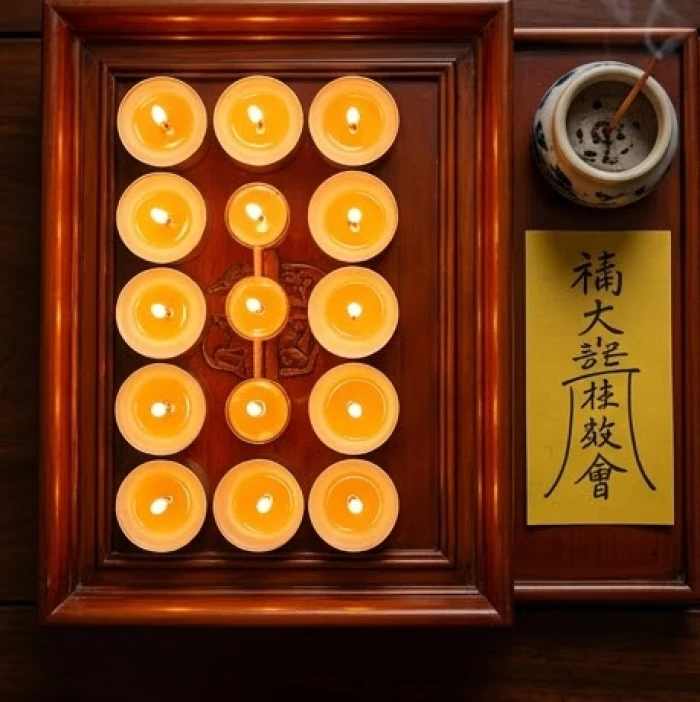Mười hai ngọn nến được xếp tỉ mỉ thành hình chữ Nhật bao quanh tấm bài vị màu vàng rực rỡ trên mâm cúng