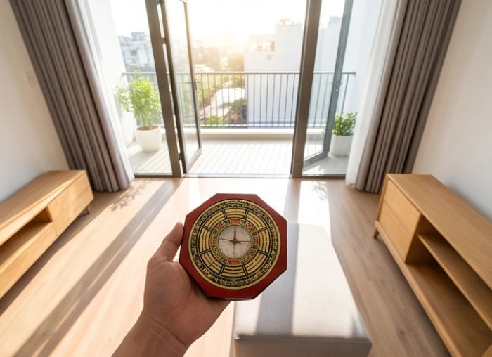 Người cầm la bàn đứng tại vị trí tâm căn hộ chung cư để xác định chính xác hướng ban công phòng khách theo Bát Trạch