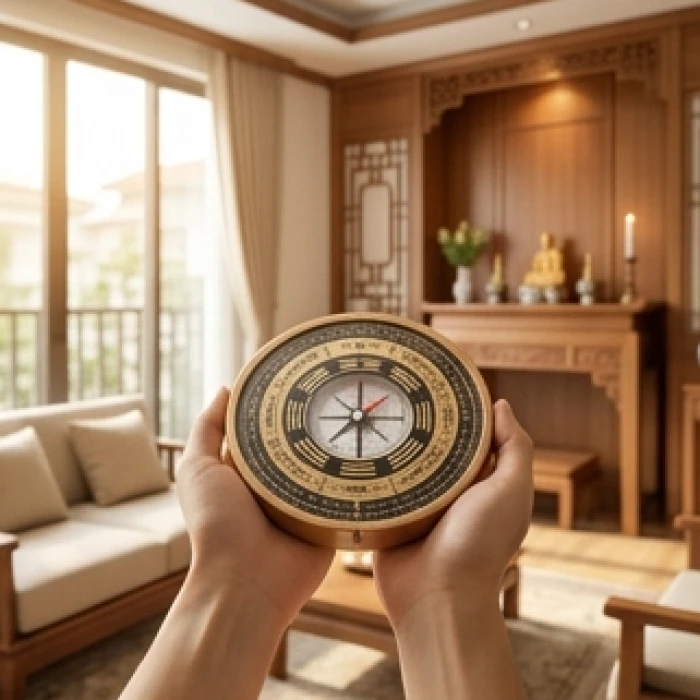 Người cầm la bàn thăng bằng ngang hông đứng trước khu vực tâm linh để đo chính xác hướng mặt bàn thờ