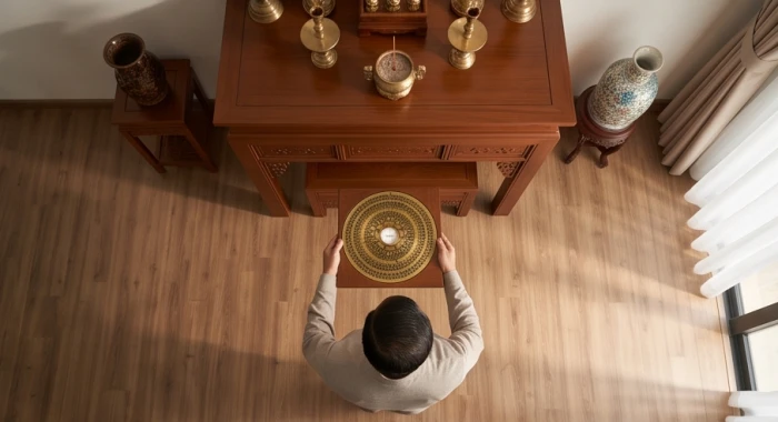 Người chủ gia đình đứng tại trung cung ngôi nhà dùng la bàn chuyên dụng để đo trục hướng Đông Tây cho bàn thờ