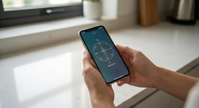 Bàn tay cầm điện thoại mở ứng dụng la bàn đặt song song mặt đất để đo chính xác hướng bếp hợp tuổi Mùi