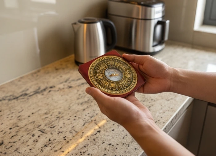 Chiếc la bàn cơ chuyên dụng được đặt song song mặt sàn bếp đá granite để đo phương vị phong thủy chuẩn xác