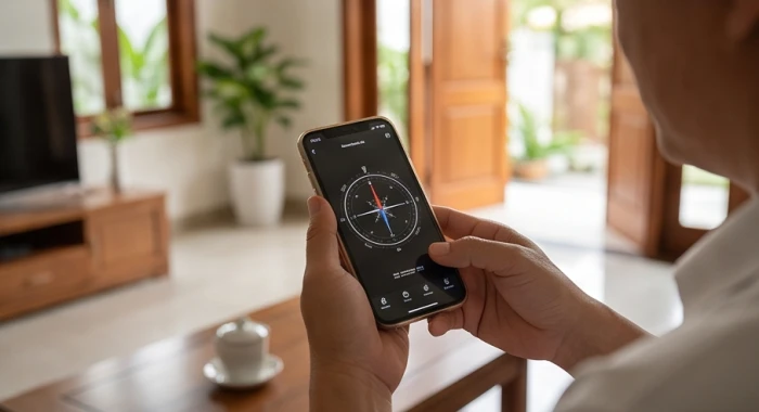 Thao tác cầm điện thoại mở ứng dụng la bàn đo góc độ hướng cửa chính tại vị trí trung tâm của phòng khách gia đình