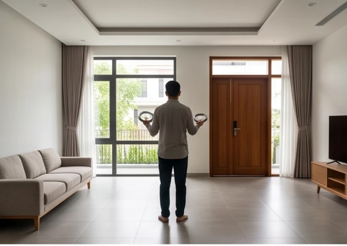Người đàn ông cầm la bàn đứng tại điểm trung tâm của phòng khách để xác định phương hướng