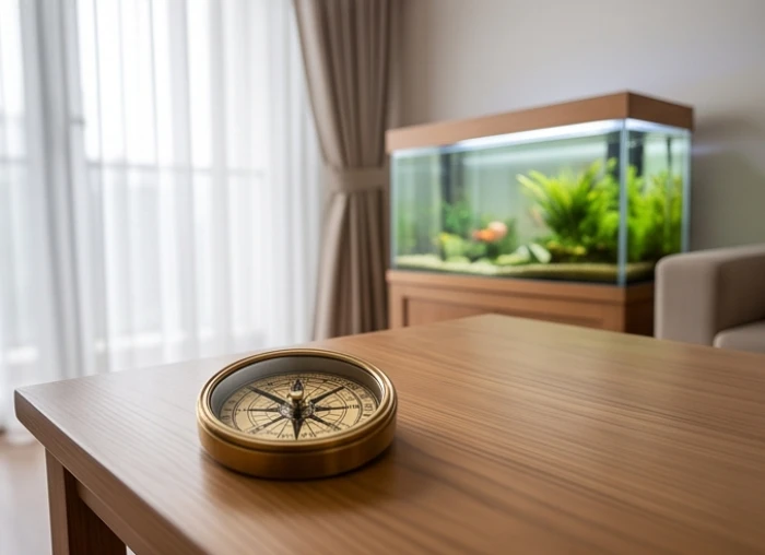 Chiếc la bàn phong thủy đặt giữa phòng khách xác định tọa độ đặt bể kính chiêu tài chuẩn xác cho nam mạng tuổi Thìn