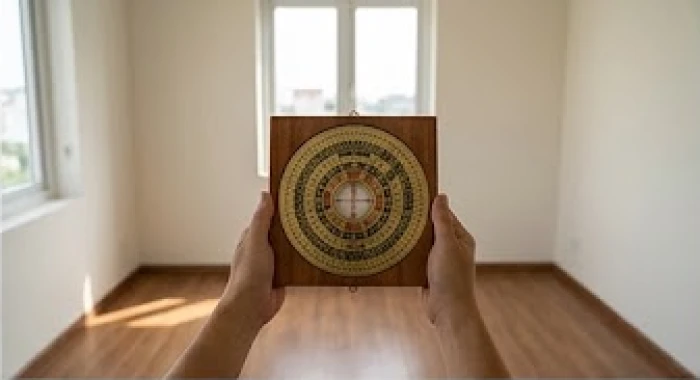 Nam gia chủ đứng tại tâm phòng ngủ cầm la bàn phong thủy ngang ngực để đo phương vị chân giường