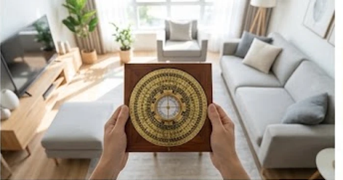 Người dùng cầm la bàn đo hướng nhà để chọn vị trí đặt bể cá phong thủy chuẩn xác