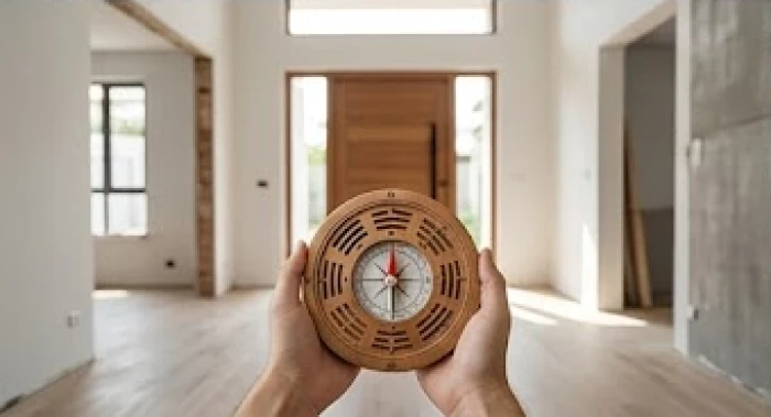 Thao tác đứng tại trung cung và cầm la bàn đo độ số hướng cửa chính của ngôi nhà