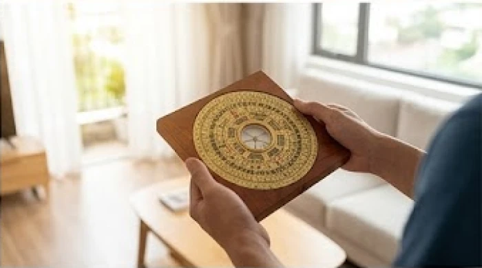 Gia chủ cầm la bàn đứng tại tâm phòng khách để đo đạc và xác định chính xác phương vị phong thủy