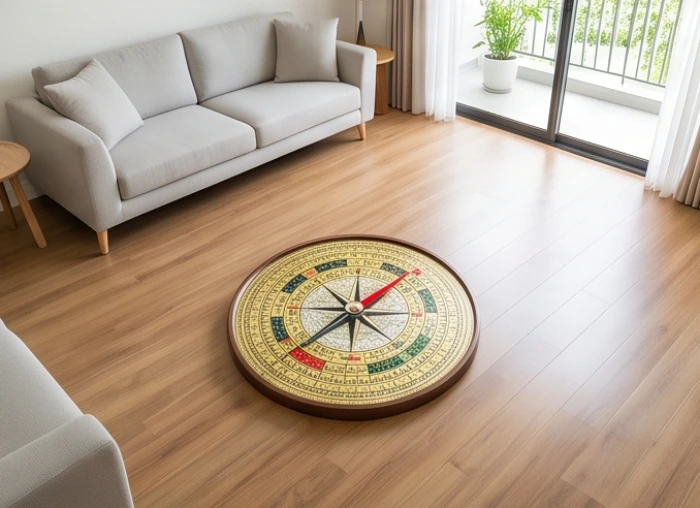 Gia chủ đặt la bàn phong thủy ngay tại vị trí trung cung của ngôi nhà để đo đạc chính xác các hướng