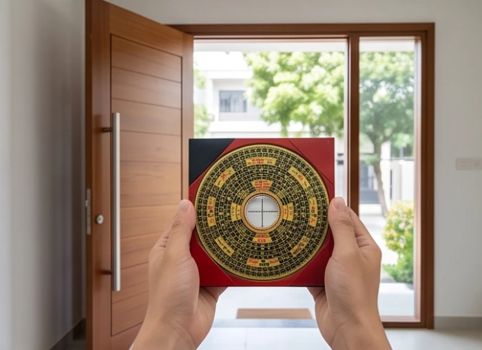 Gia chủ cầm la bàn đứng trước cửa chính để đo chính xác tọa độ phương vị đón gió của ngôi nhà mới