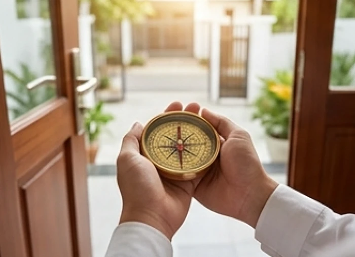 Gia chủ cầm la bàn định hướng cửa chính đón cung Sinh Khí và Diên Niên cho ngôi nhà mới xây