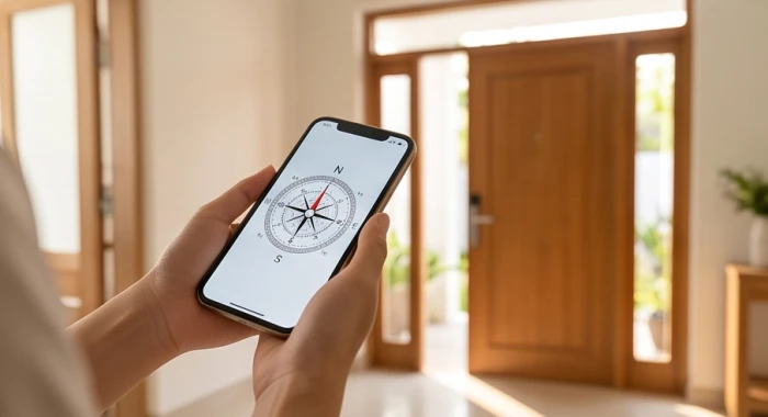 Gia chủ cầm điện thoại mở ứng dụng la bàn đo đạc chính xác hướng cửa chính trong không gian nhà ở hiện đại