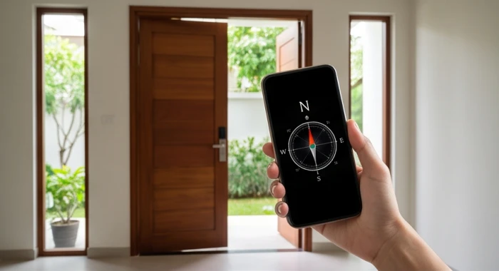 Bàn tay cầm điện thoại thông minh mở ứng dụng la bàn đứng nhìn về phía cửa chính ngôi nhà
