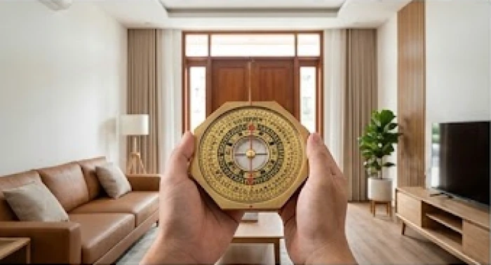 Chiếc la bàn phong thủy thăng bằng trên tay gia chủ để xác định hướng cửa chính từ tâm nhà