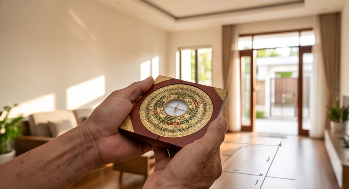 Gia chủ cầm la bàn phong thủy đo chính xác số độ phương vị mặt tiền tại tâm điểm phòng khách ngôi nhà Tây Tứ Trạch