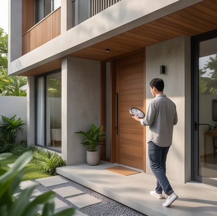 Cửa chính ngôi nhà với luồng sáng chiếu vào từ bên ngoài, nơi được kiểm tra kỹ lưỡng về độ số hướng