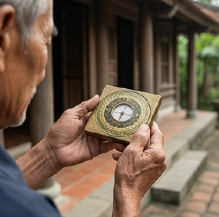 Người đàn ông lớn tuổi cầm la bàn phong thủy đo hướng cửa chính tại sân nhà theo cung phi Bát Trạch