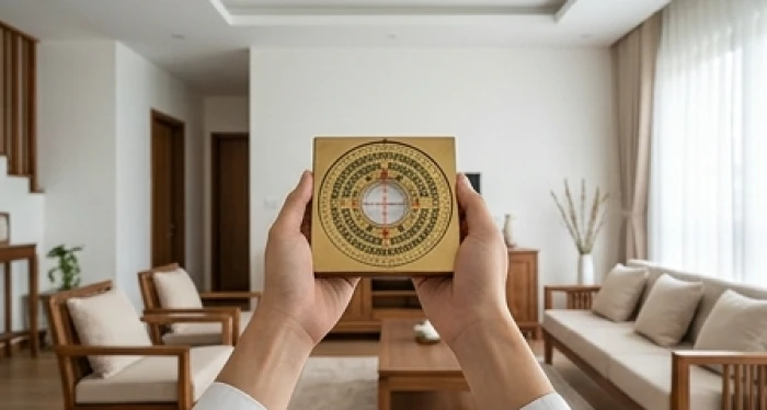 Người đứng tại tâm phòng khách cầm la bàn ngang ngực đo hướng vượng khí cho tuổi Nhâm Dần